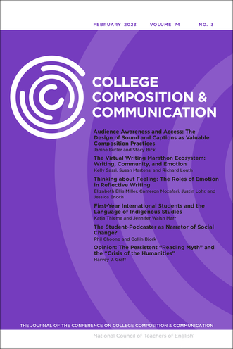 Purple and white cover of the academic journal College Composition and Communication 2023, vol 24, no 3