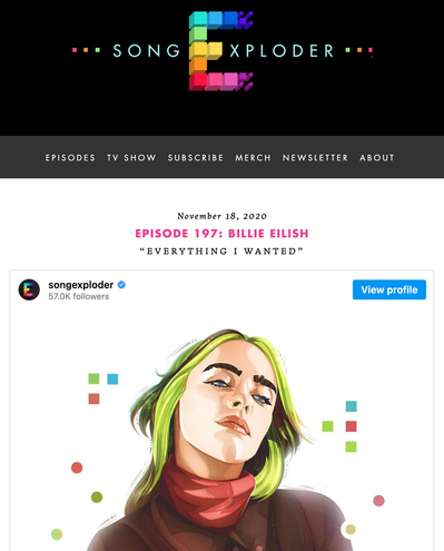 Screenshot of Song Exploder podcast website with a digital art styled headshot of Billie Eilish