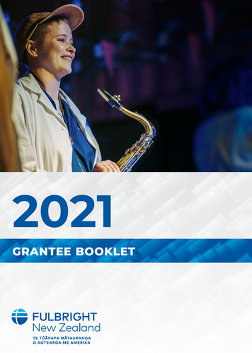 Smiling white androgynous face with a saxophone on the front of a blue and white booklet with Fulbright New Zealand information