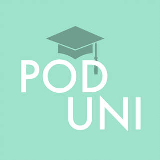 Pod Uni podcast logo with graduation cap on light green background