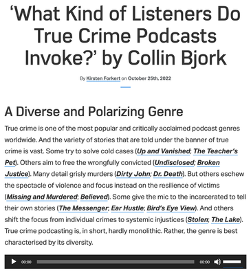 Screenshot of blog post by Collin Bjork titled What kind of listeners do true crime podcasts invoke?