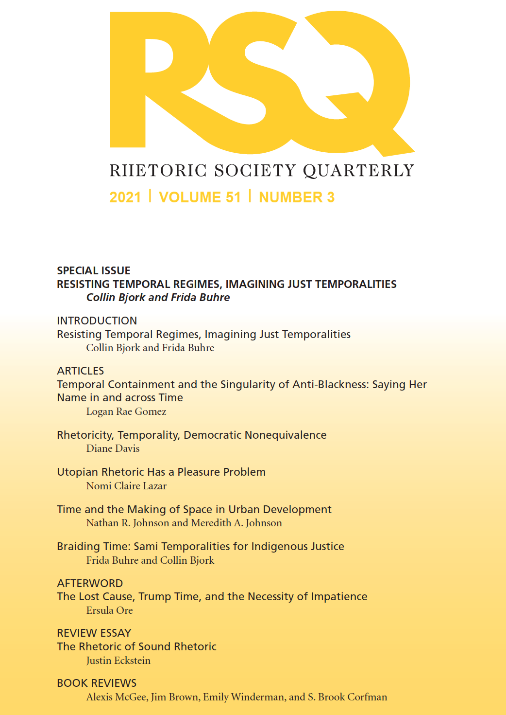 Cover of special issue of Rhetoric Society Quarterly by Collin Bjork and Frida Buhre. Black text on yellow and white gradient background.