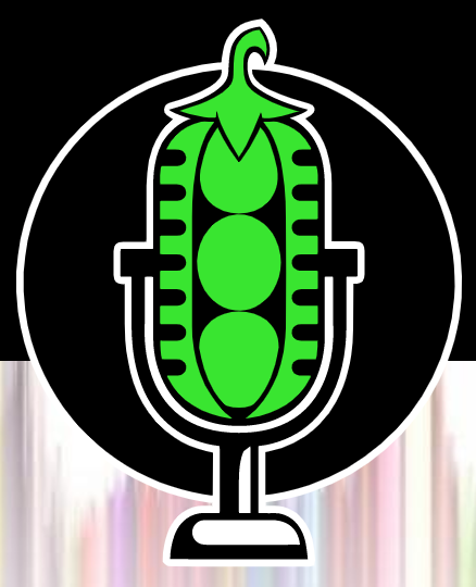 Logo for NZ Podcasting Summit: an upright condenser mic that is colored green to look like peas in a pod(cast)